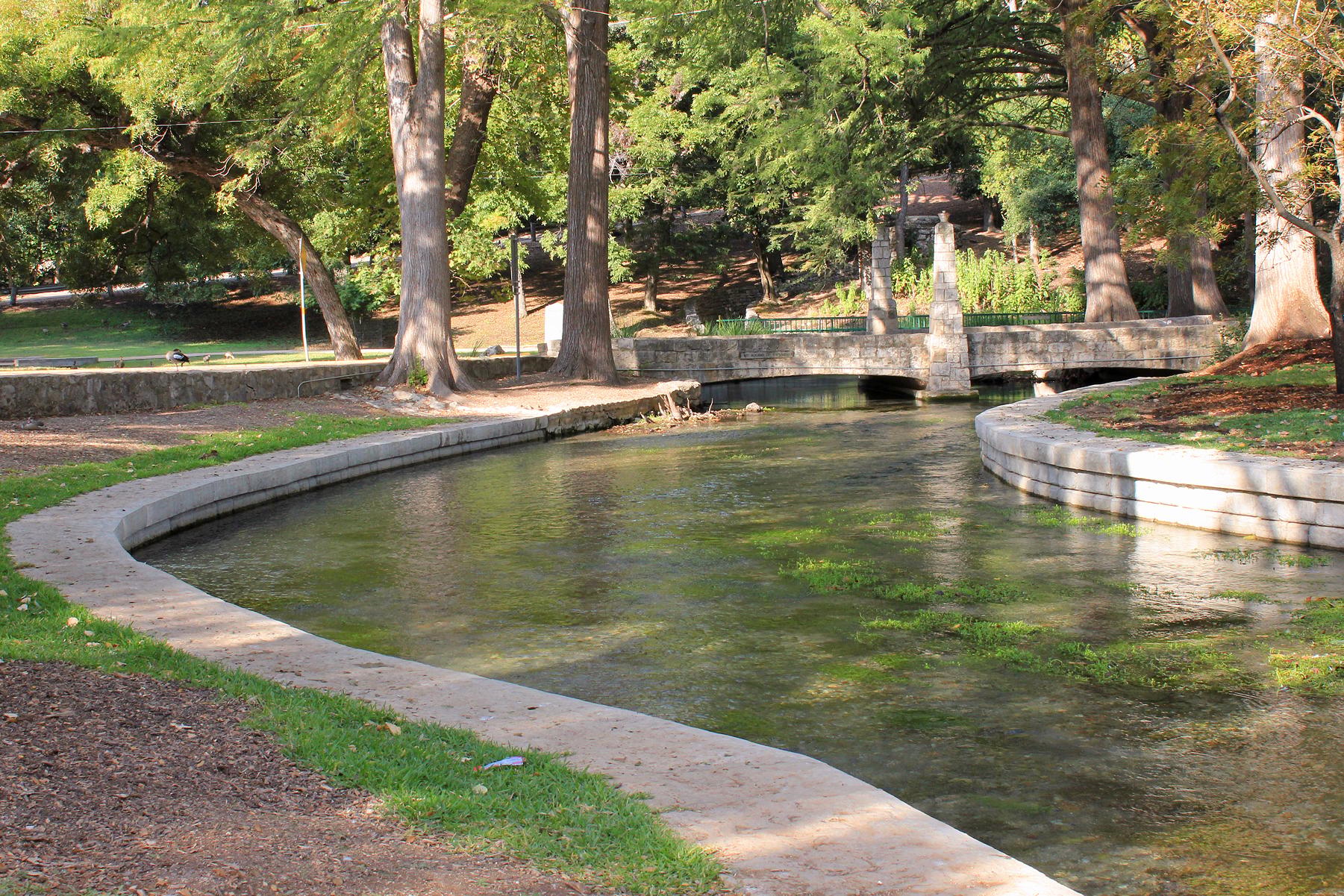 The spring-fed Comal River winding through a shaded park past stone-lined banks and a footbridge